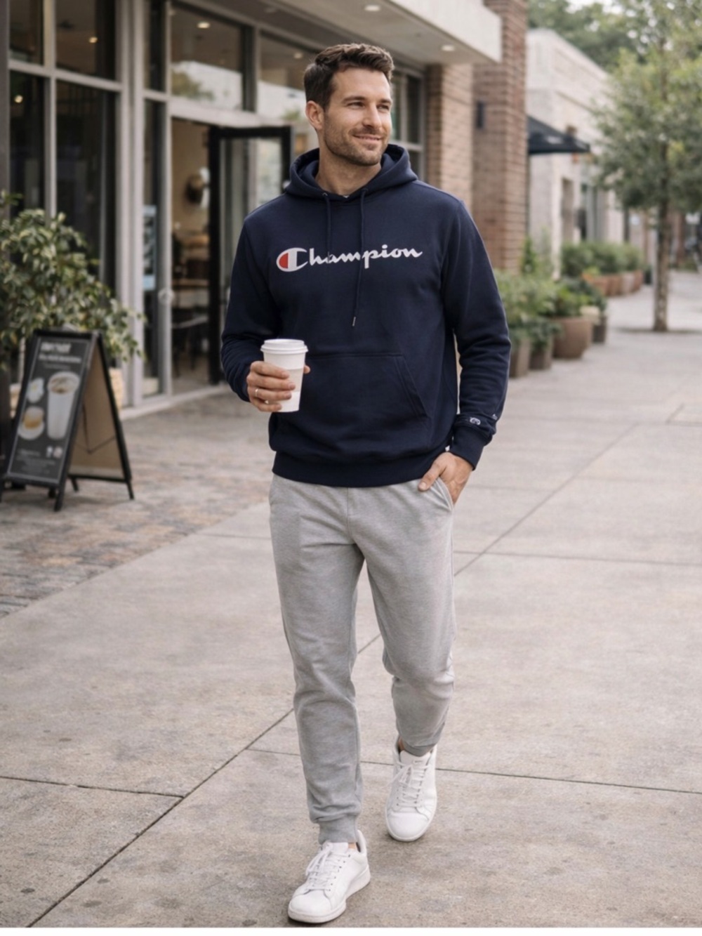 Champion Powerblend Hoodie Navy Blue XL Logo Pullover Sweatshirt GF89H